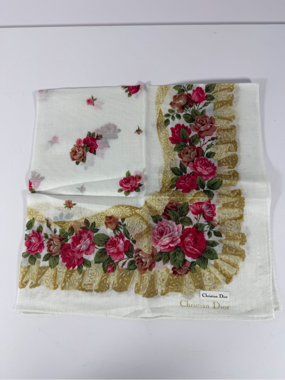 Vintage Christian Dior Rose Floral Lace Handkerchief Scarf Ivory